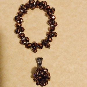 Bronze Crystal Bead Bracelet and Pendant Set